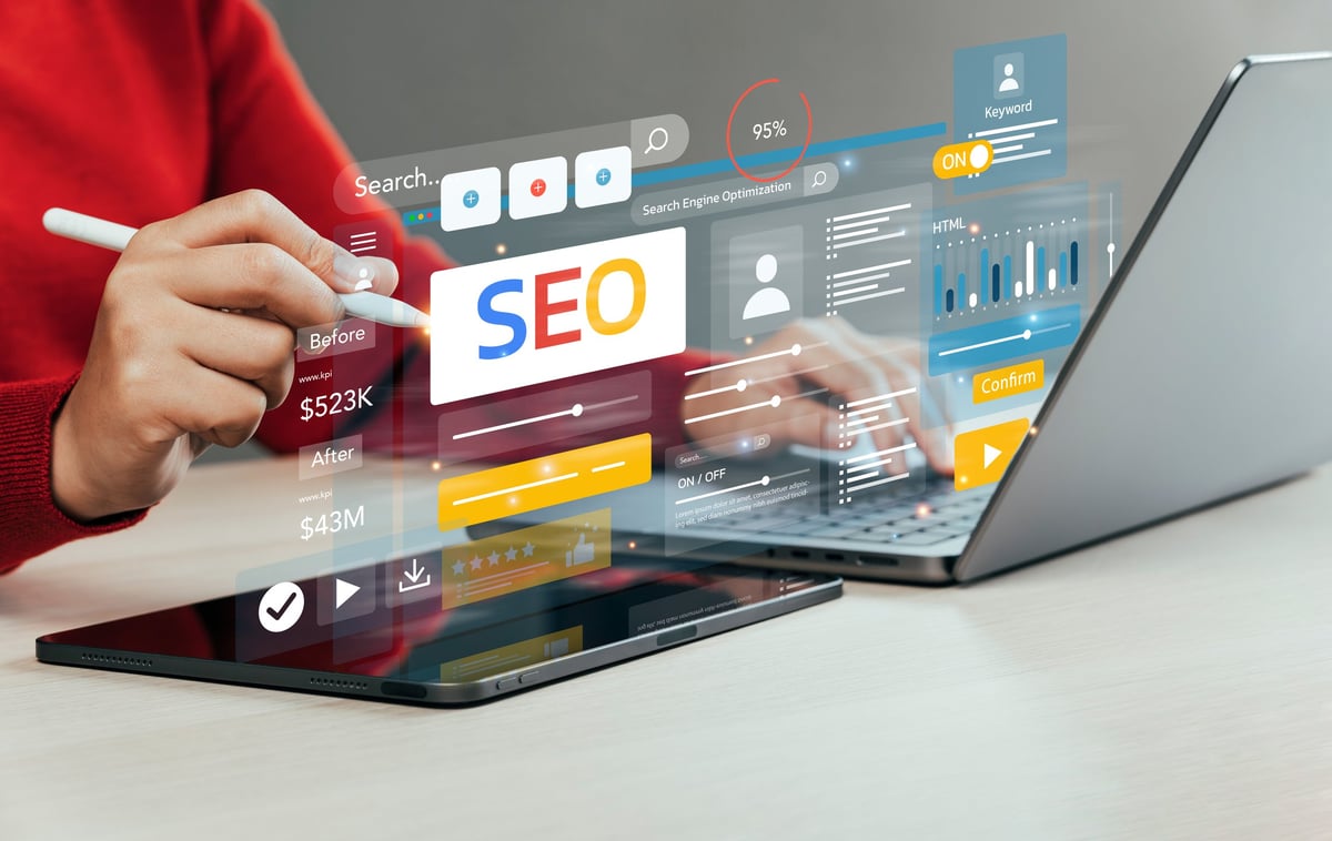 Business owner reviewing search rankings and website traffic